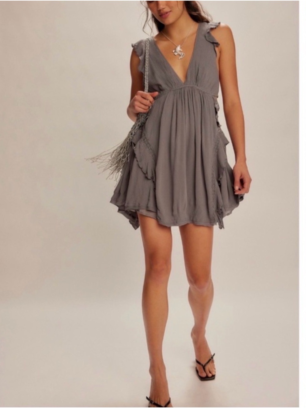 Free People Gray V-Neck Ruffle Mini Dress